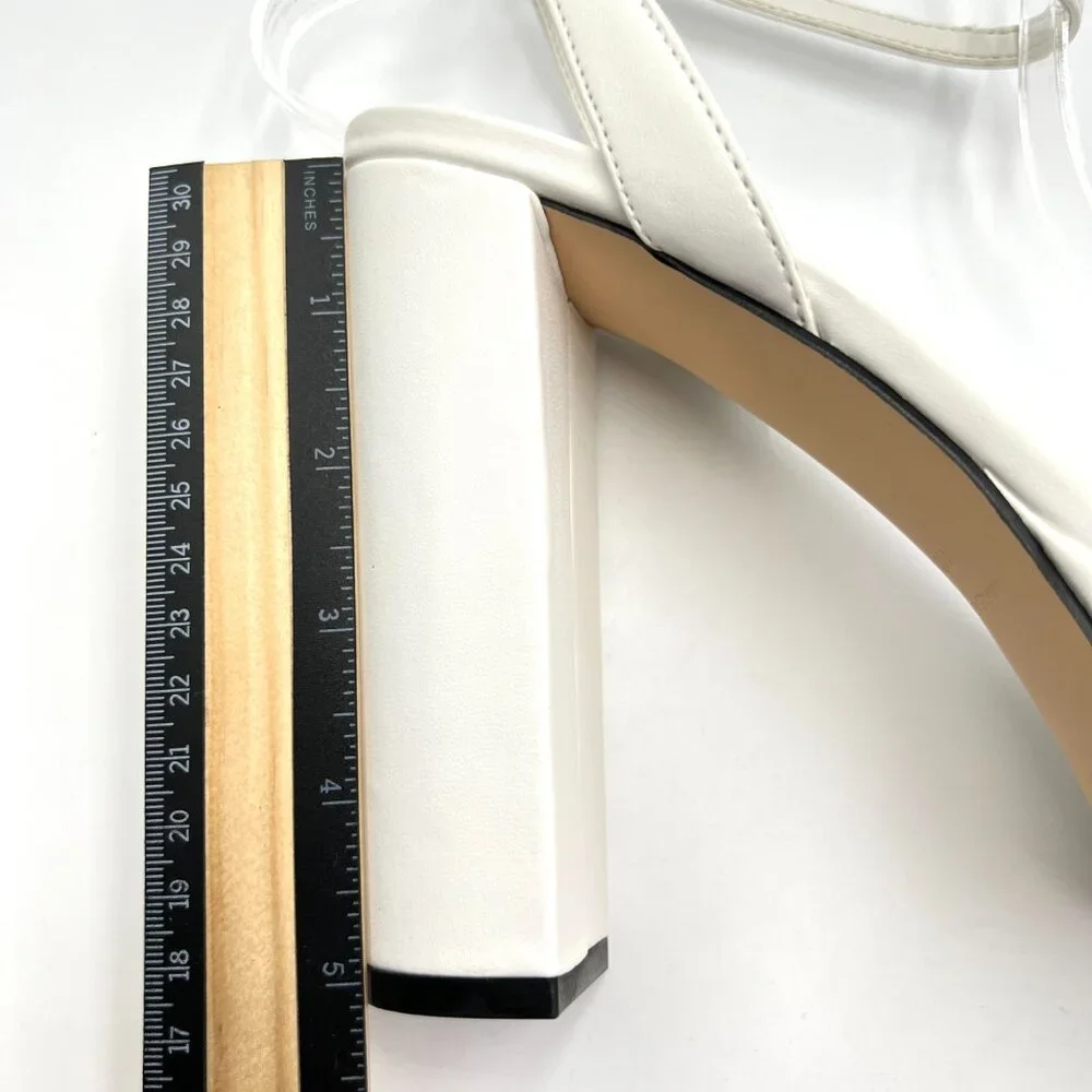 Nine West‎ Size 8.5 Uknow White Faux Vegan Leather Platform Sandals Heels Shoes